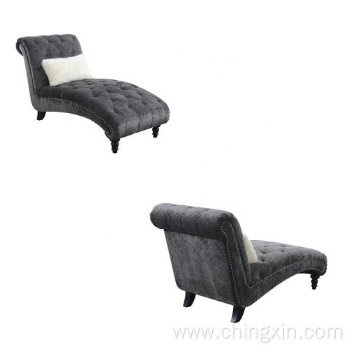 Dark Grey Fabric Button Tufting Sofa Chaise with Solid Wood Legs